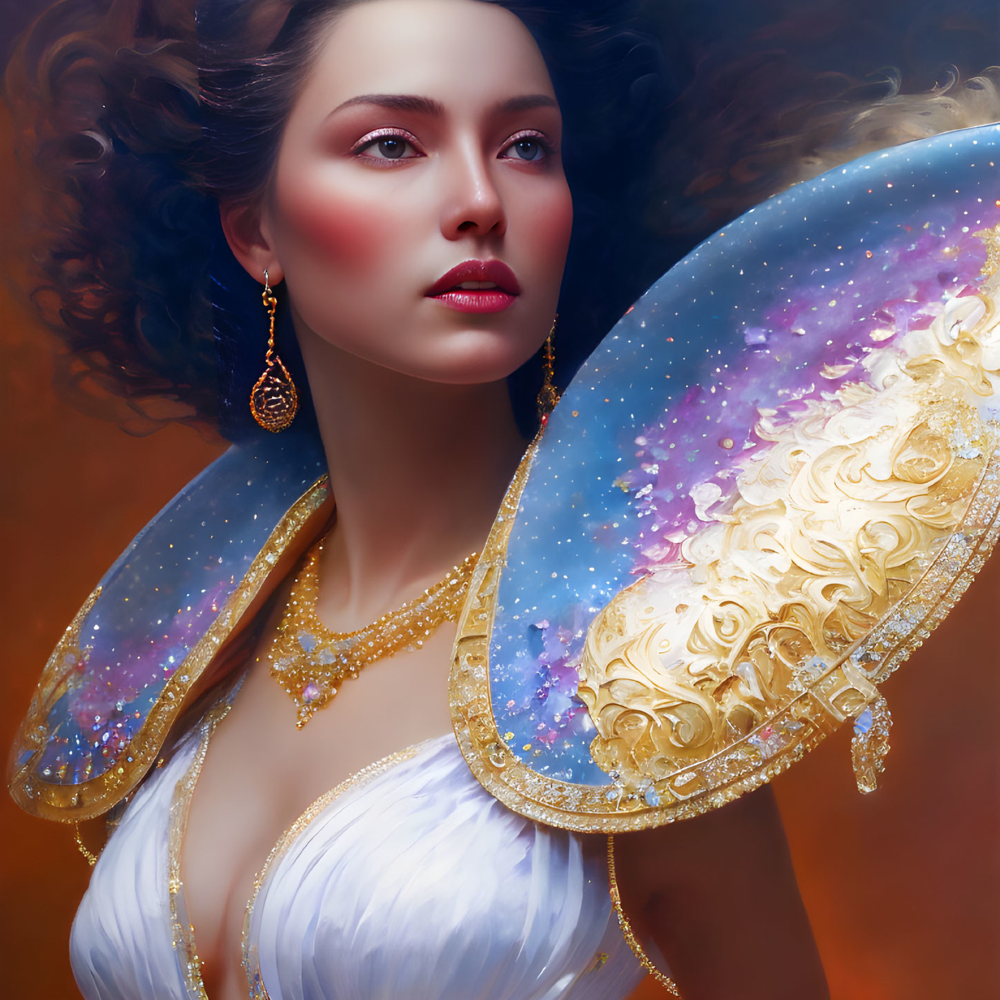 Digital painting of woman with dark flowing hair in ornate outfit holding decorative fan