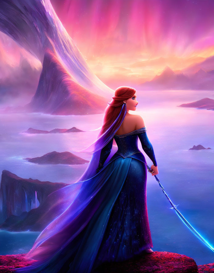 Regal woman in blue-purple dress overlooking vibrant landscape