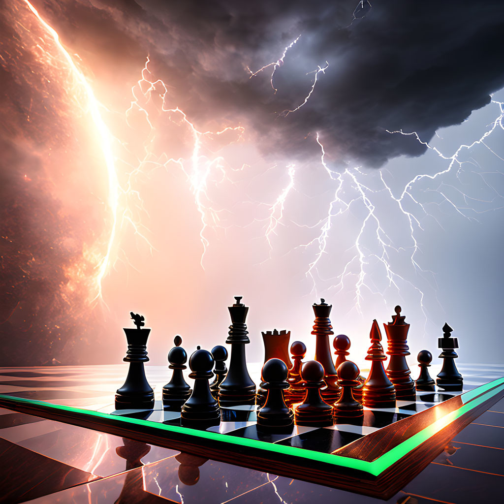 Chess Set on Reflective Surface with Dramatic Sky and Lightning Strikes