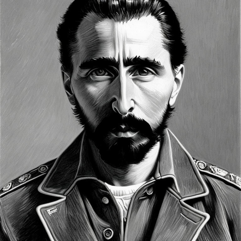 Monochrome illustration of a man with beard and military-style jacket