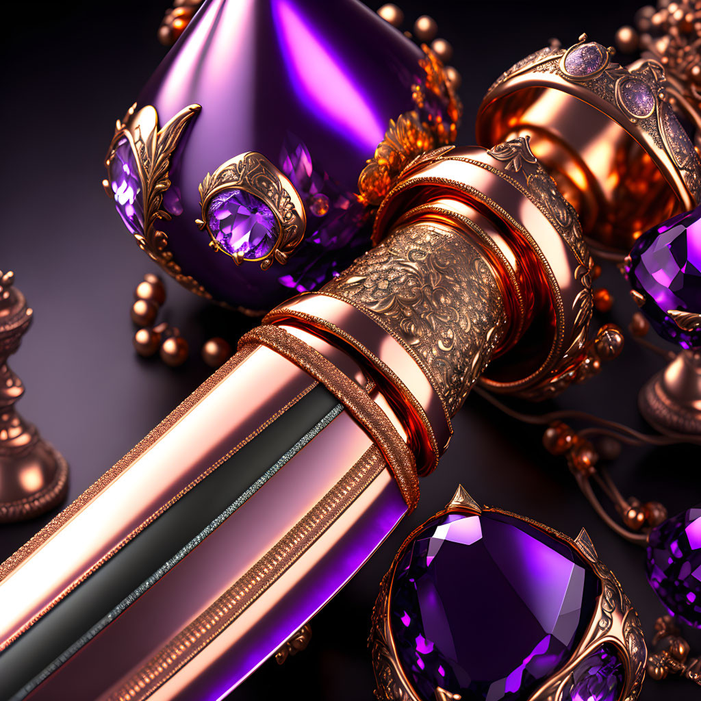 Luxurious Ornate Sword with Jewel-Encrusted Hilt and Purple Gemstones