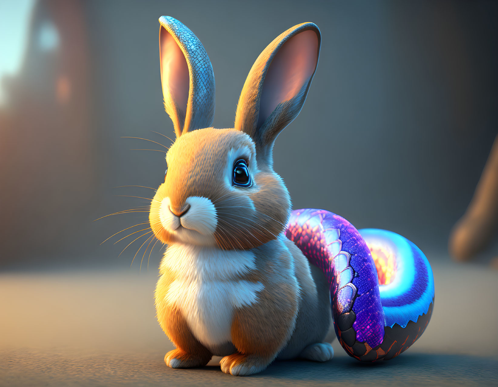 Colorful Rabbit with Mermaid-like Tail Illustration Against Soft Background