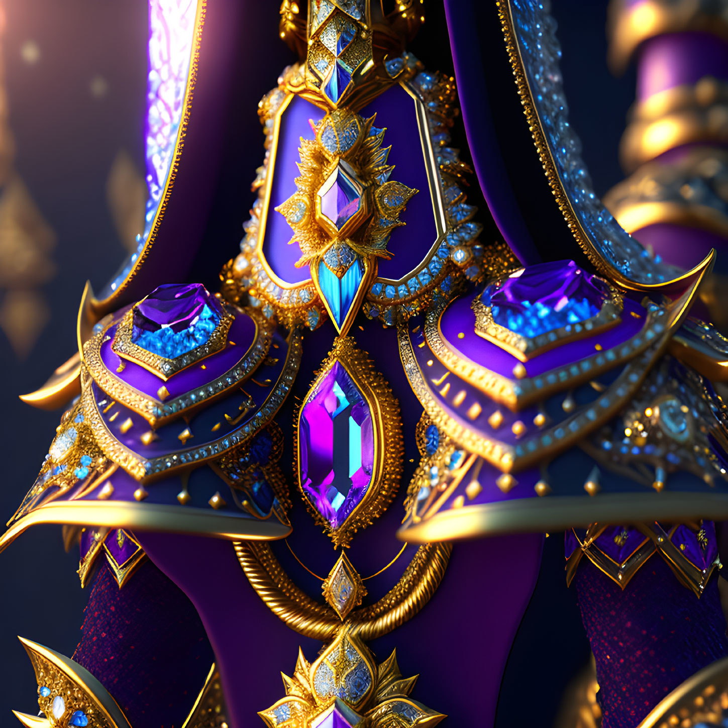 Detailed Close-Up of Ornate Golden Armor with Purple Accents