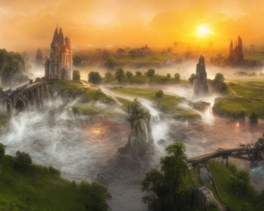 Fantasy landscape at sunset with castle, bridge, waterfalls, lightning strike in misty valley