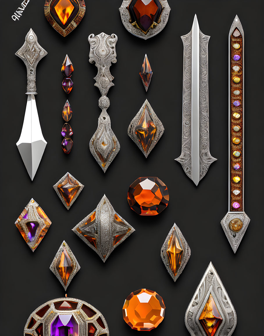 Medieval ornate weapons and jewelry with silver designs and gemstones