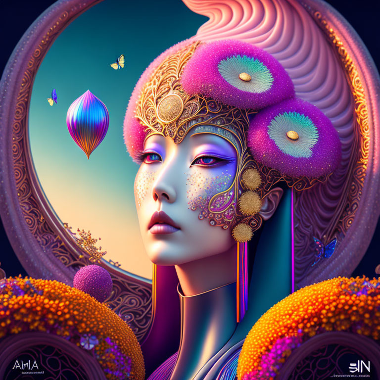 Colorful digital artwork: stylized woman with purple makeup and golden headdress, surrounded by whimsical