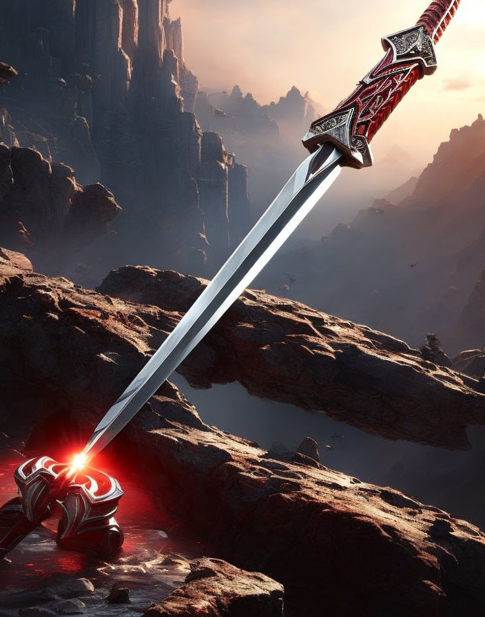 Intricate fantasy sword plunged into rock in dramatic landscape