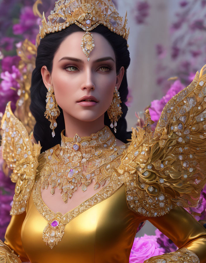 Regal woman in golden crown and armor among purple flowers