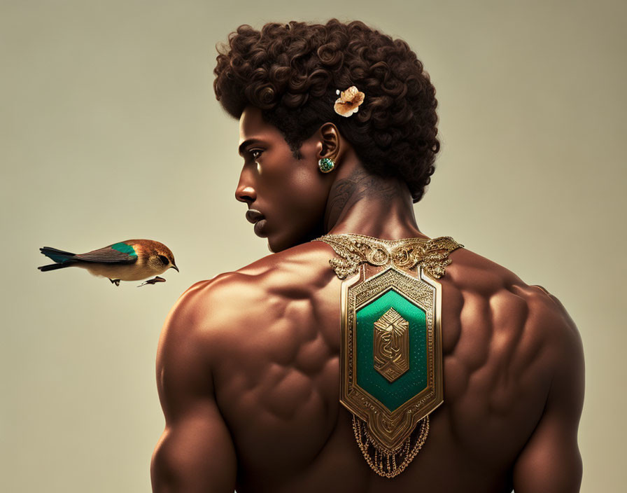 Muscular man with ornate shoulder piece and bird on neutral background