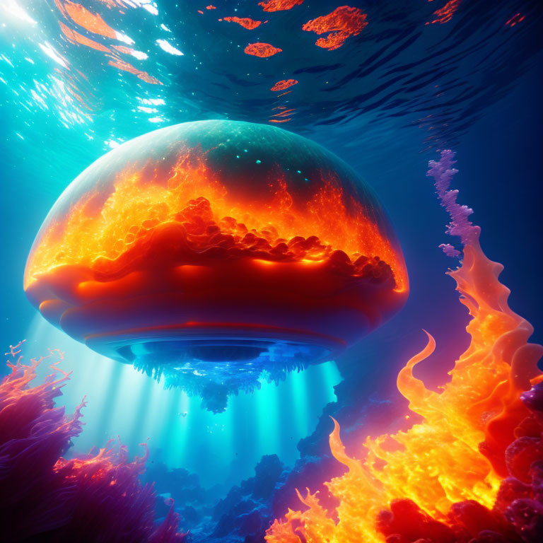 Colorful underwater scene with glowing jellyfish and coral formations