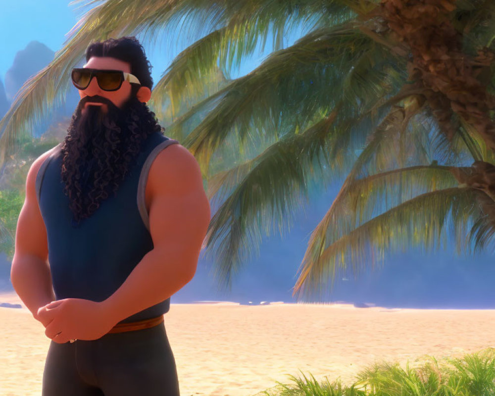 Bearded animated character with sunglasses on beach with palm trees