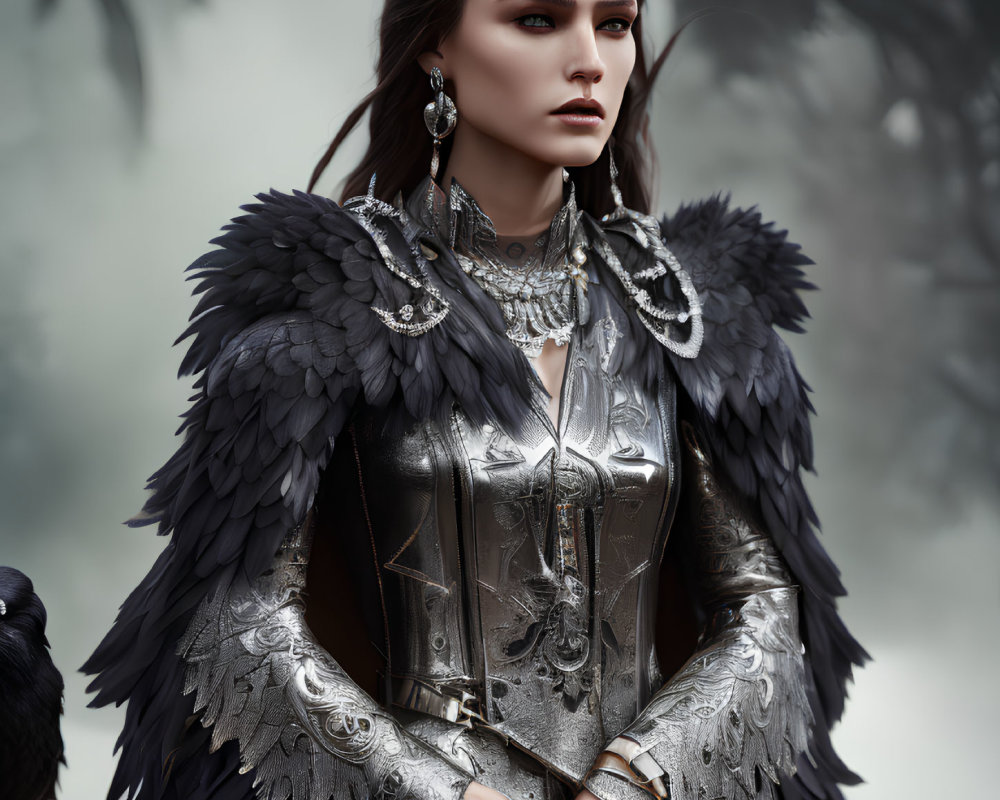 Woman in Silver Armor with Raven in Misty Forest Setting