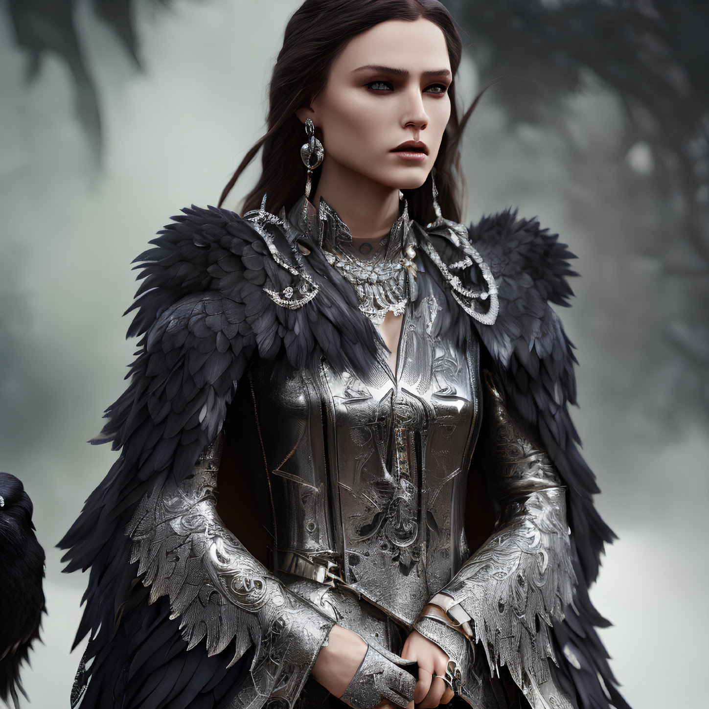 Woman in Silver Armor with Raven in Misty Forest Setting