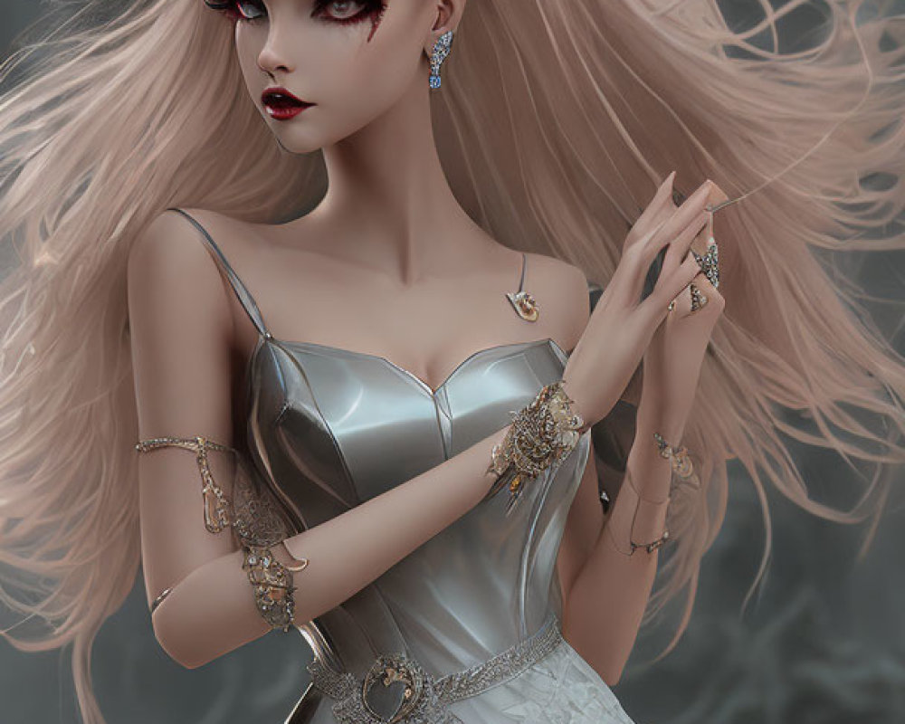 Illustration of fantasy woman with pink hair in elegant silver attire against misty backdrop