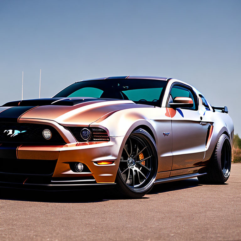 Custom Two-Tone Ford Mustang with Racing Stripes and Aerodynamic Body Kit