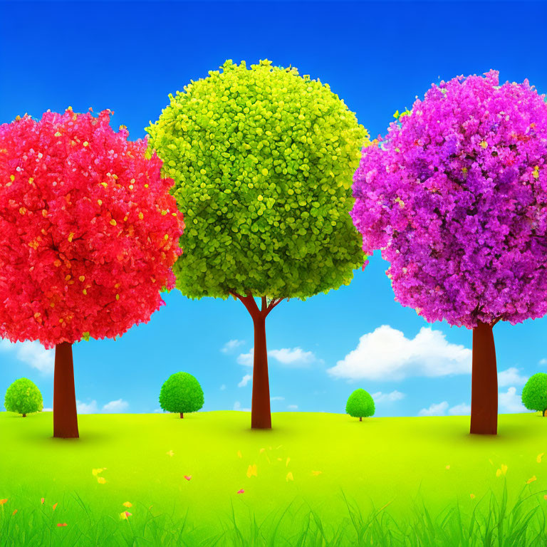 Colorful Trees in Stylized Meadow Under Blue Sky