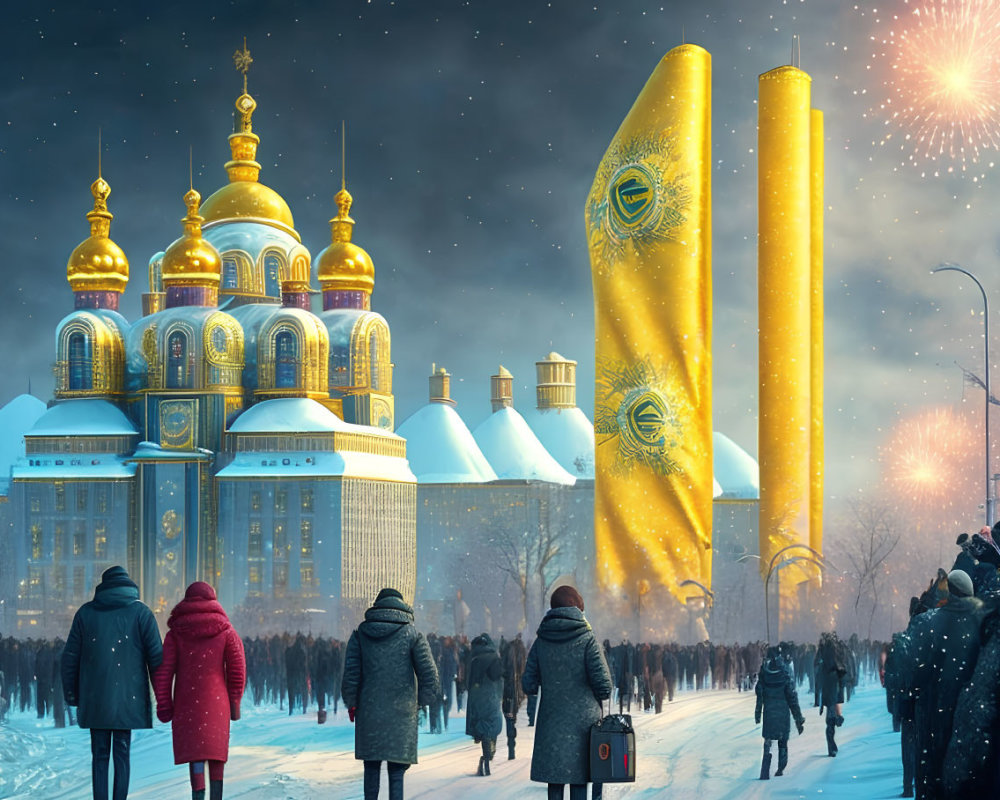 Crowd walking to golden-domed building at twilight with fireworks and yellow banners