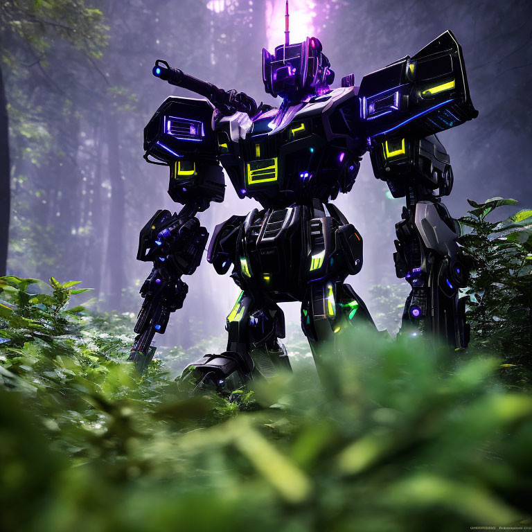 Giant Robot with Glowing Blue Eyes in Misty Forest