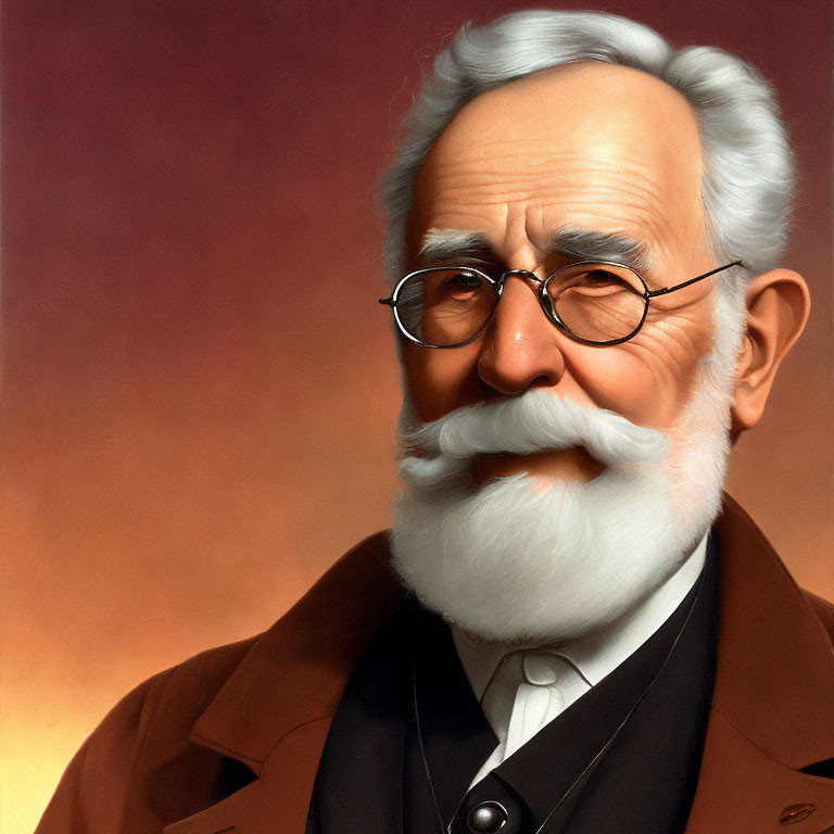 Elderly man with white hair and round glasses in brown coat on warm background