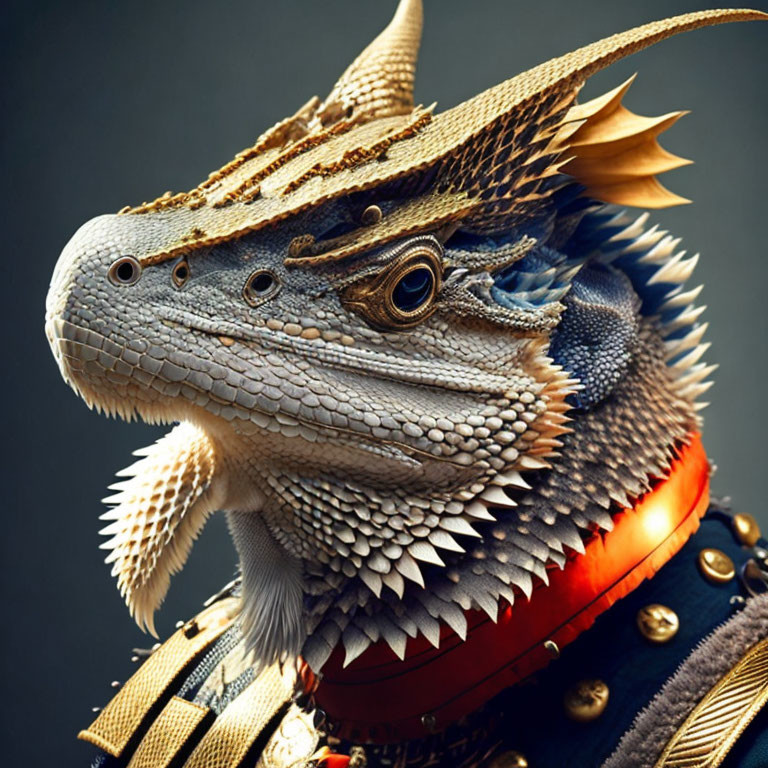 Bearded Dragon Lizard in Samurai Armor on Muted Background