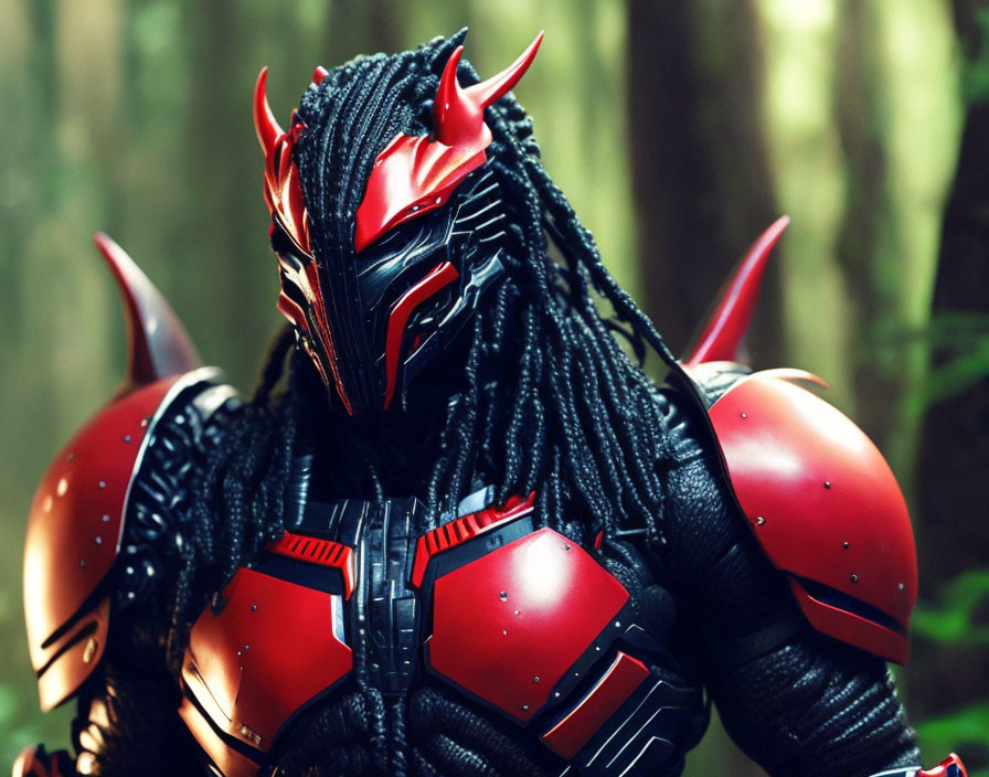 Detailed Red and Black Armored Figure with Horned Helmet in Forest Scene