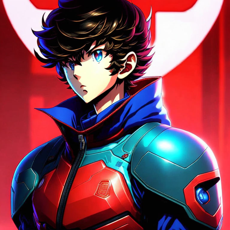 Young male character in futuristic armor against red backdrop with heart logo