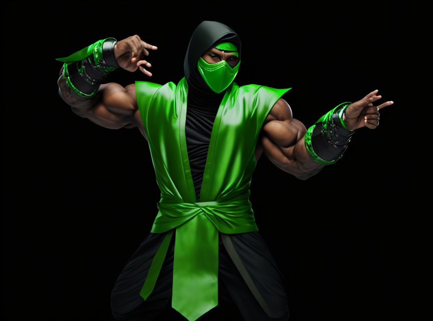 Muscular person in black and green ninja costume striking martial arts pose