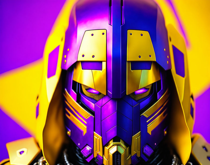 Vibrant Purple and Yellow Futuristic Helmet on Two-Tone Background