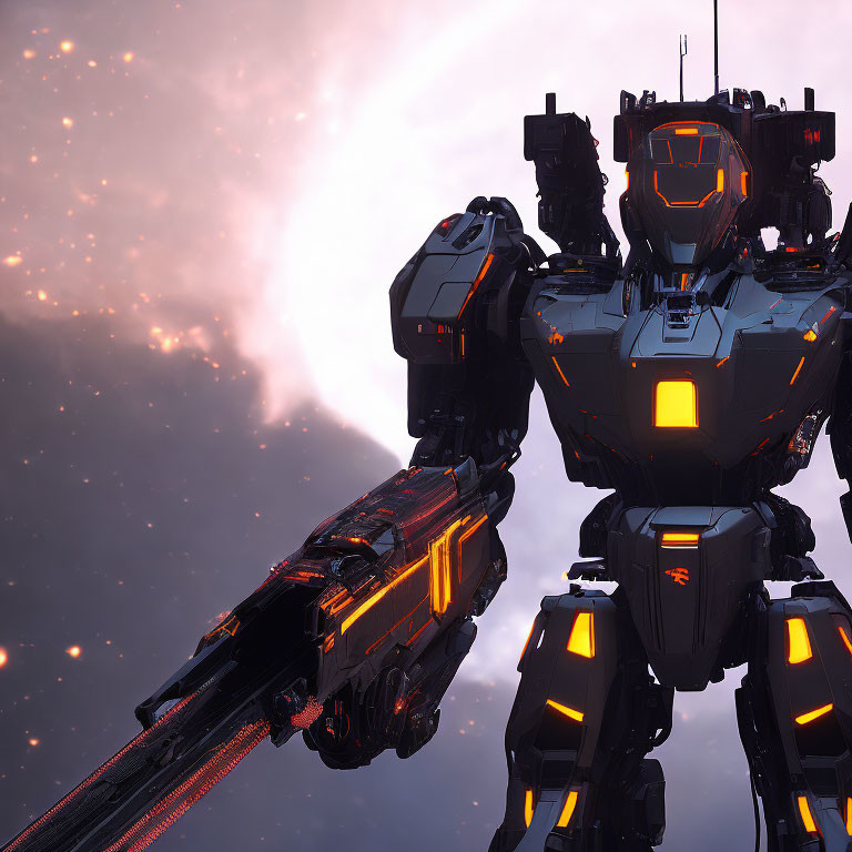 Futuristic mech robot with glowing orange accents in cosmic setting