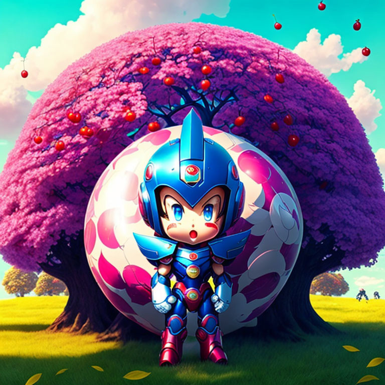 Stylized animated character in blue armor against vibrant landscape