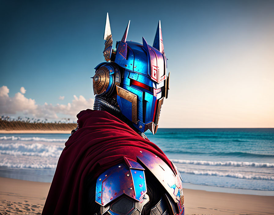 Intricate robot costume with blue helmet and red cape on beach