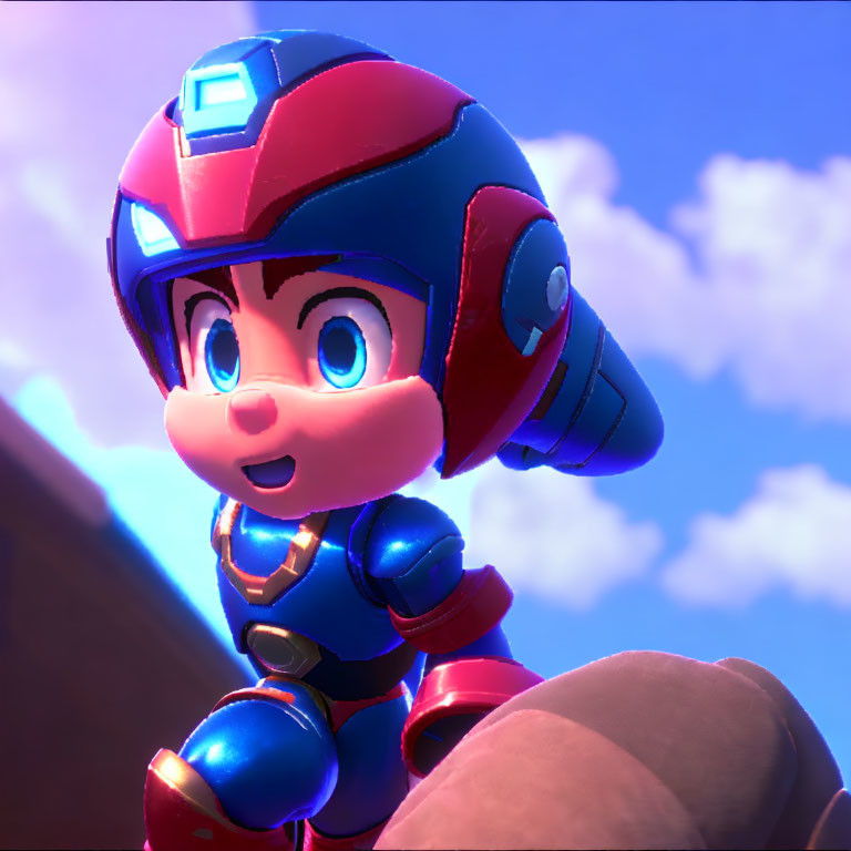 Colorful 3D render of cartoon character in blue and red suit with helmet