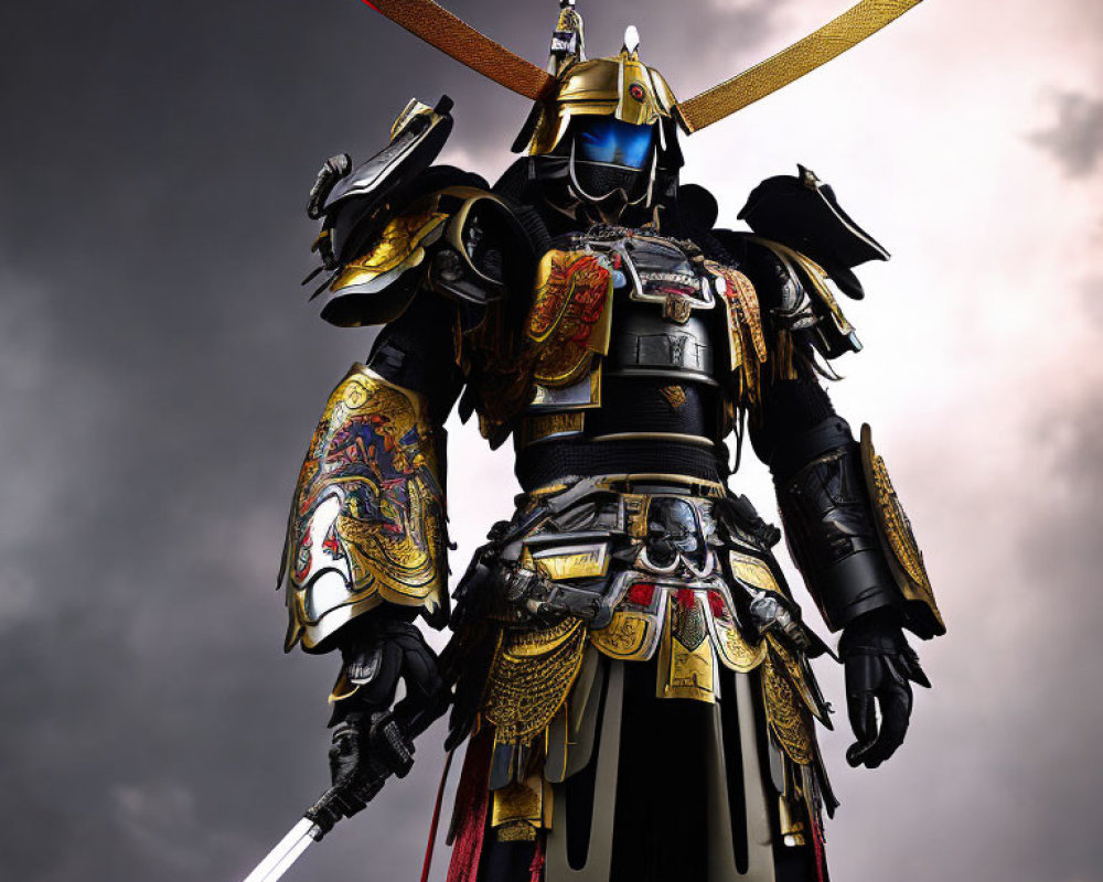 Traditional Samurai Armor with Kabuto Helmet and Sword Against Clouded Sky