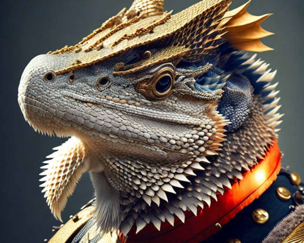 Bearded Dragon Lizard in Samurai Armor on Muted Background