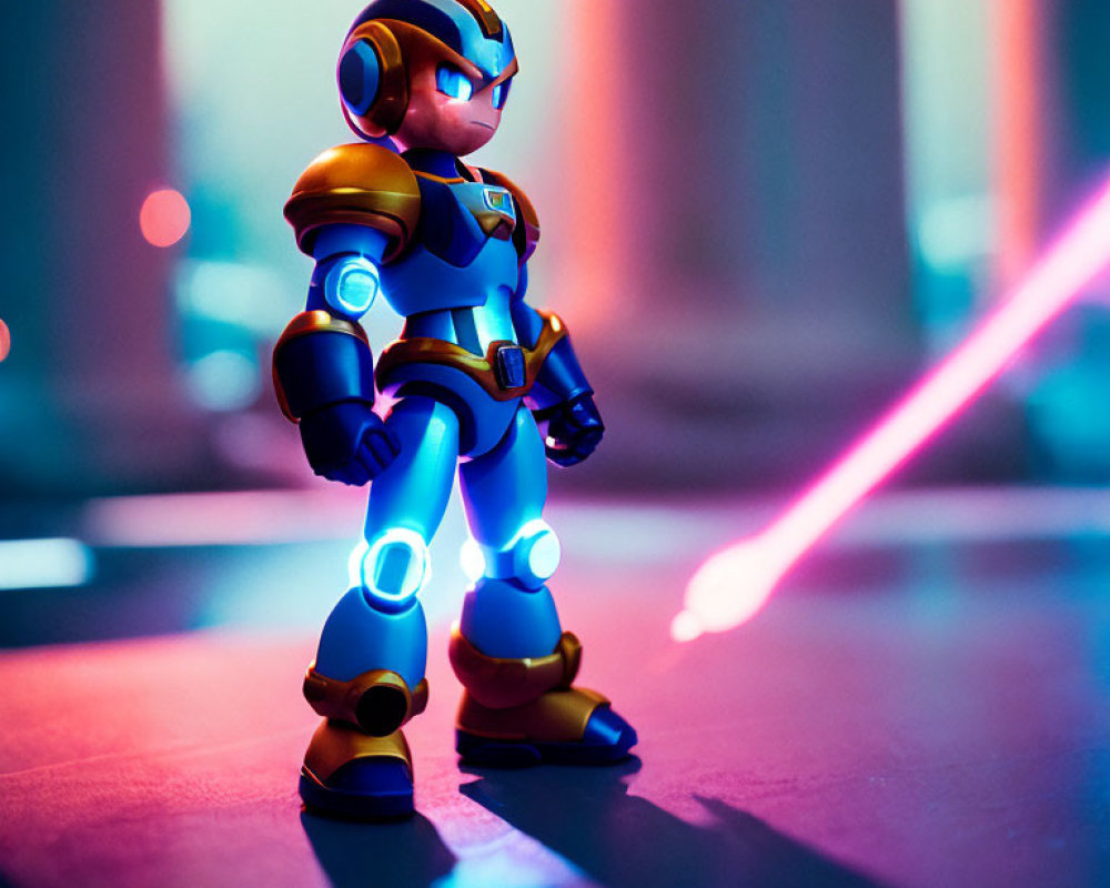 Futuristic armored toy figure under neon lights in sci-fi scene