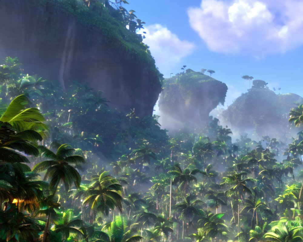 Lush Tropical Forest with Waterfalls and Mist under Blue Sky