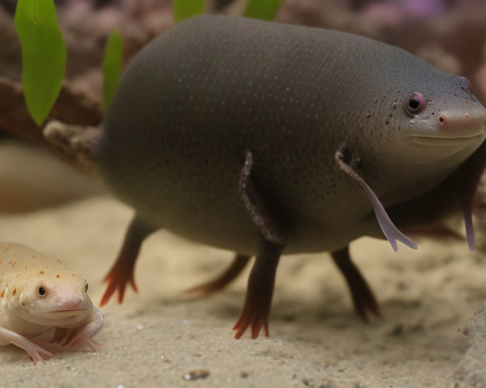 Gray fish with dolphin-like face swims above salamander-like creature on sandy aquarium floor