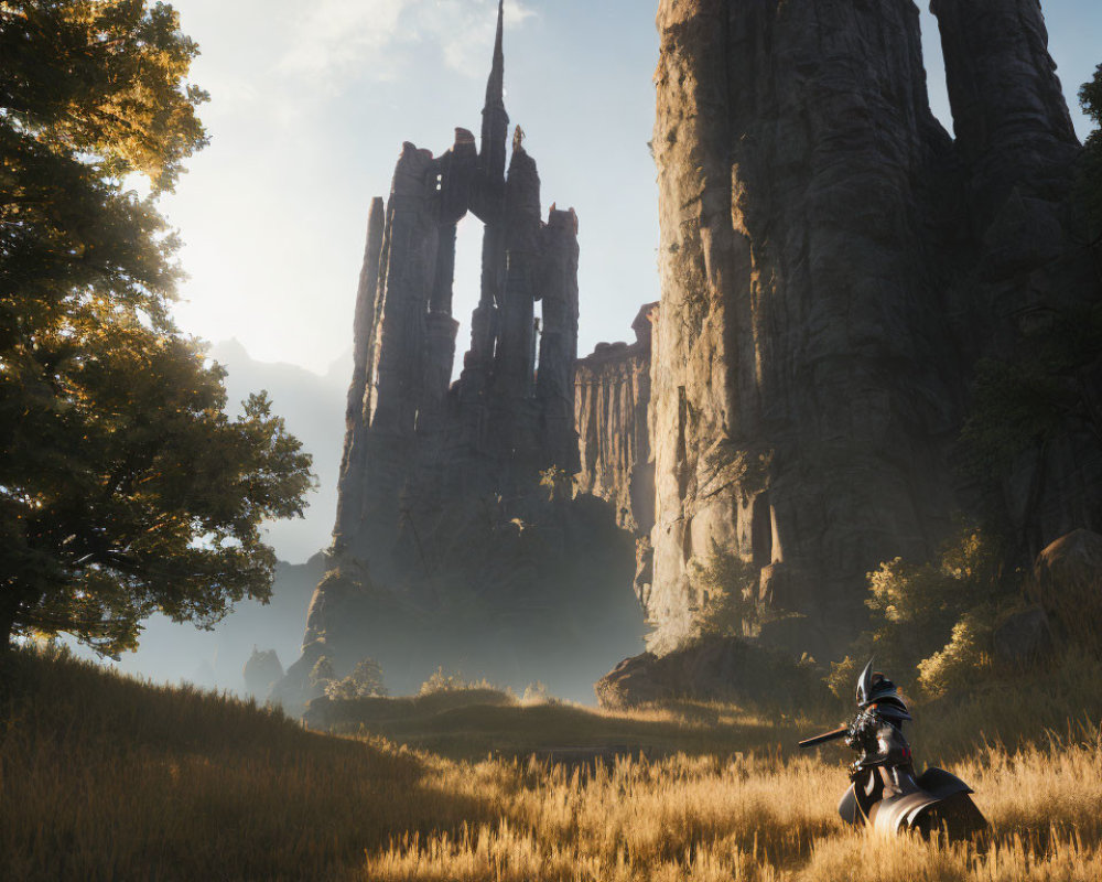 Knight on Horseback Amidst Sunlit Ruin and Cliffs