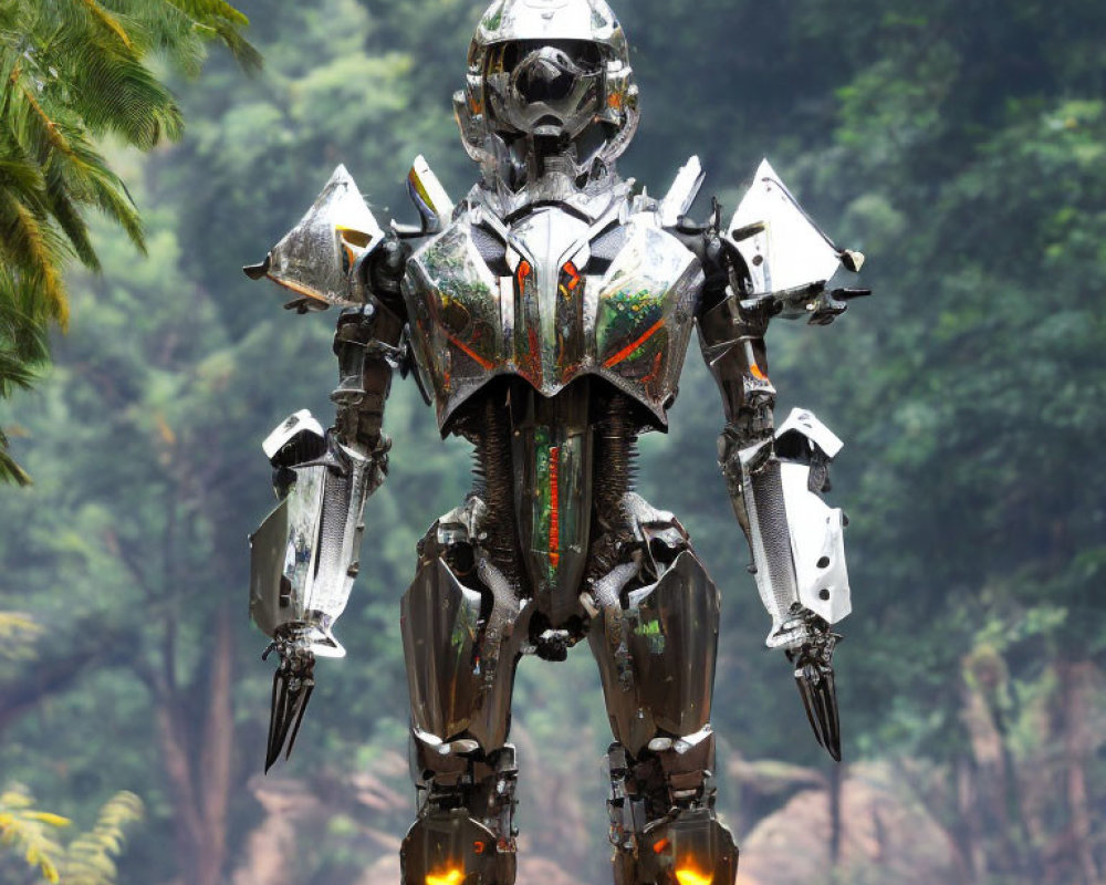 Metallic robot with armor plating in misty forest with glowing orange lights