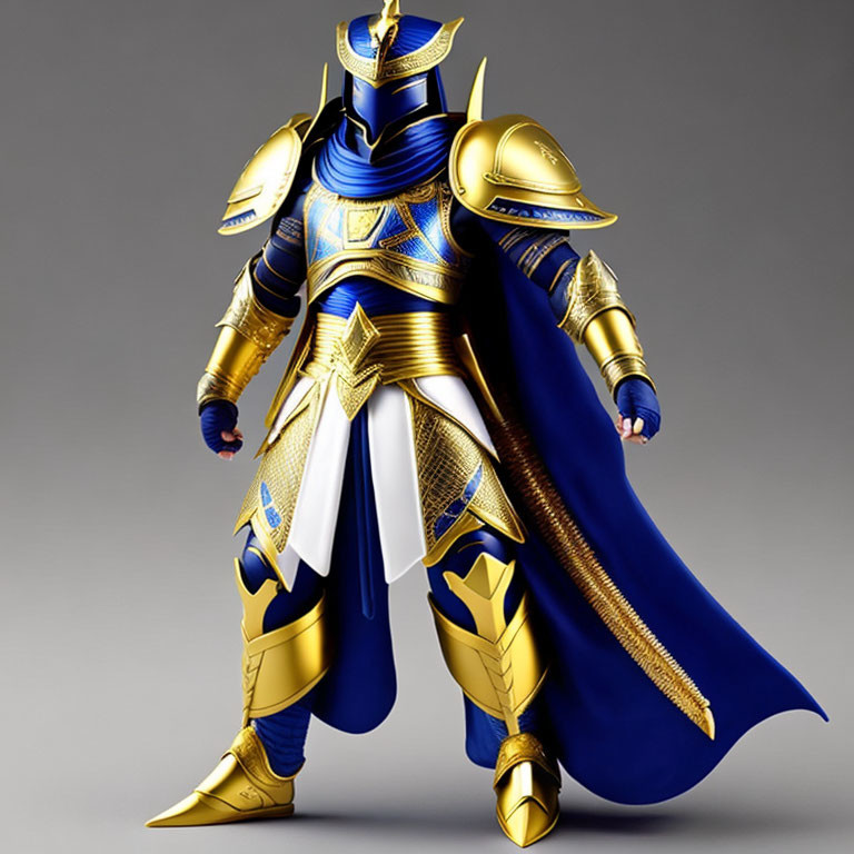 Detailed 3D illustration of a knight in blue and gold armor