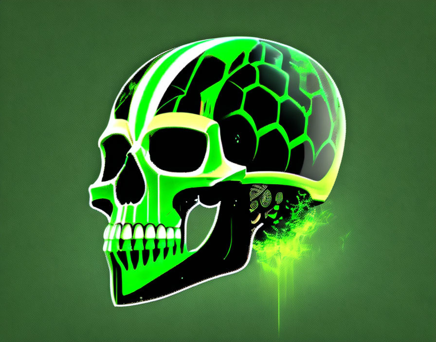 Skull with Green Turtle Shell Design on Dark Green Background