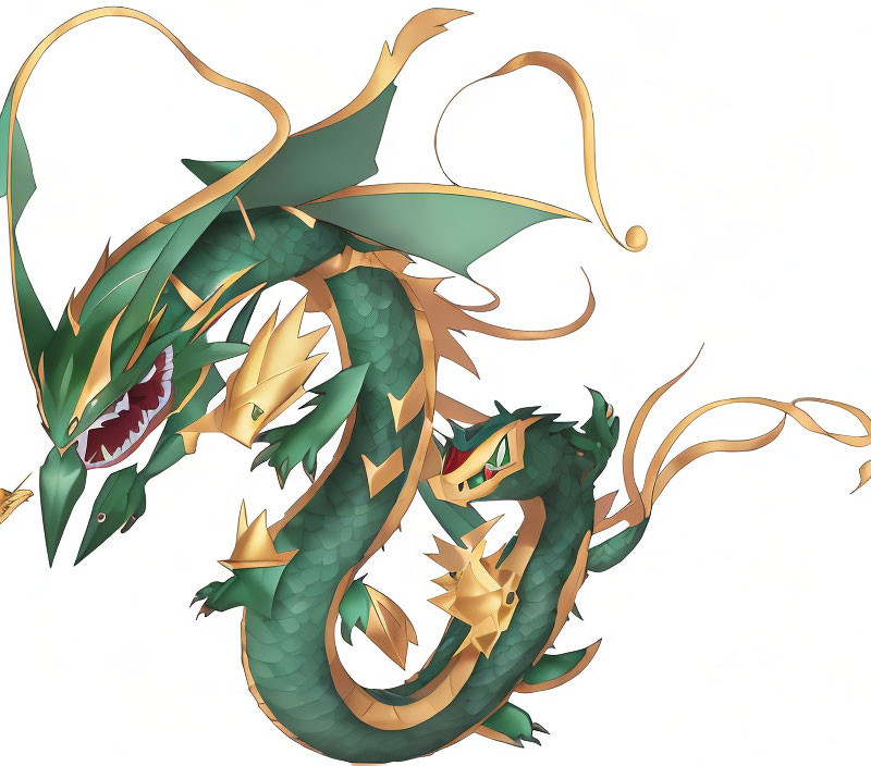 Green and Gold Dragons in Stylized Design with Sharp Claws and Elaborate Tails