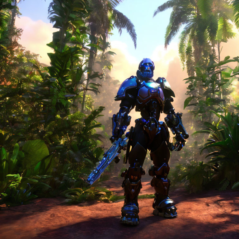 Armored robot with glowing sword in lush jungle under warm sunlight