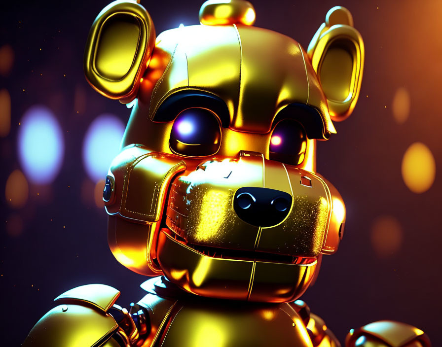 Golden Robotic Bear with Glowing Eyes on Bokeh Light Background