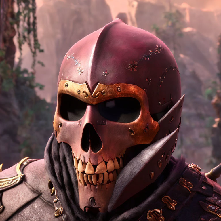 Detailed close-up of animated character with skull face in ornate purple helmet and ragged cloak