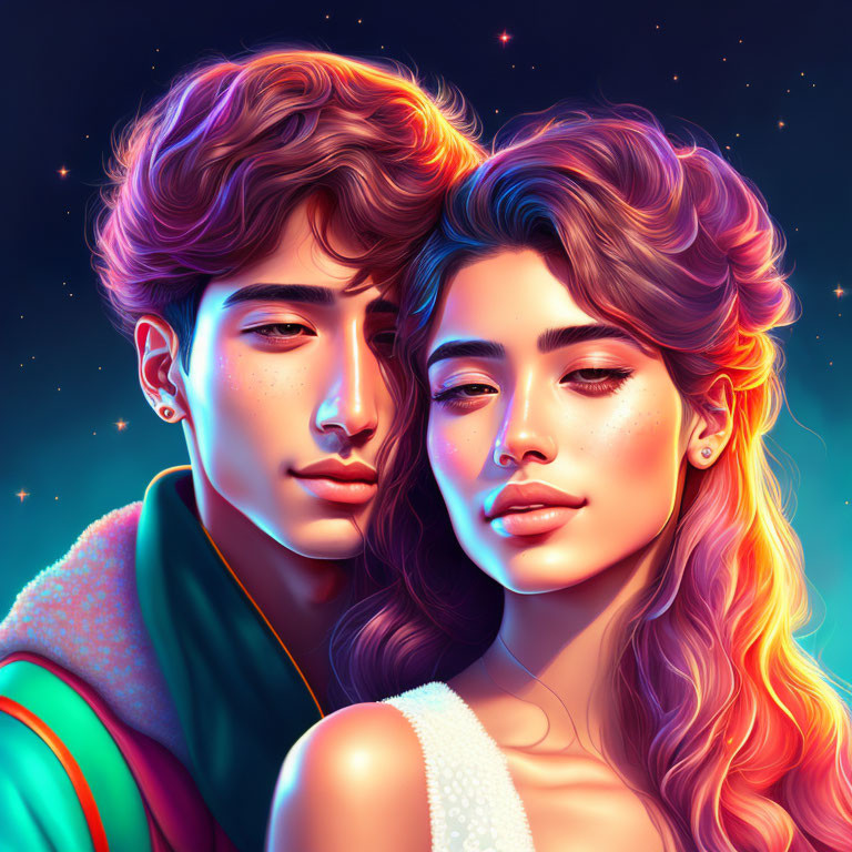 Vibrant hair young couple portrait against starry background