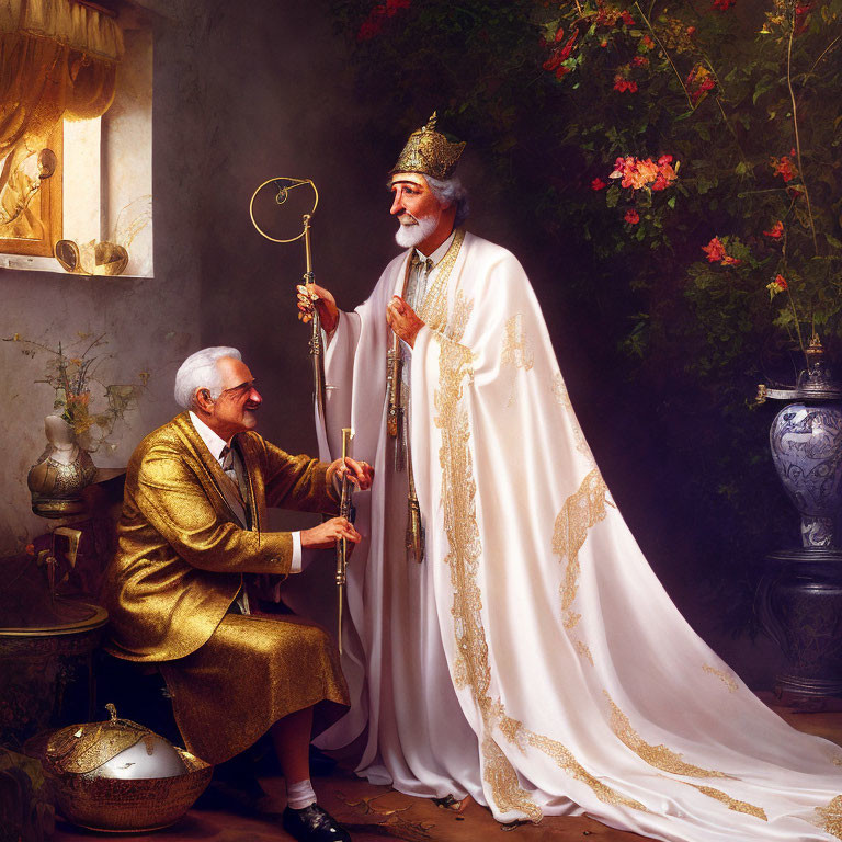 Elderly man in golden robes kneels before majestic figure in white and gold robe with scepter