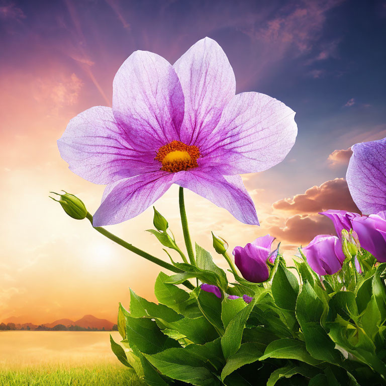 Vibrant purple flower with yellow center against dramatic sunset sky