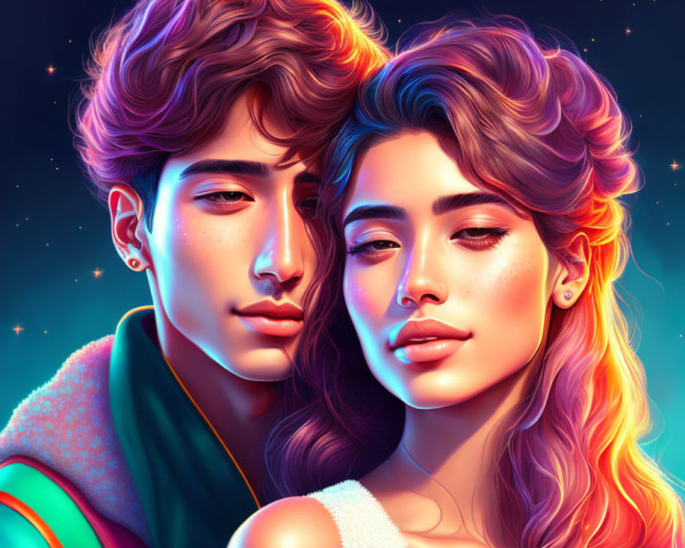 Vibrant hair young couple portrait against starry background