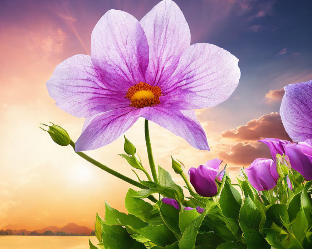 Vibrant purple flower with yellow center against dramatic sunset sky